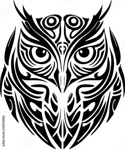    Black and white owl tattoo with Polynesian designs.