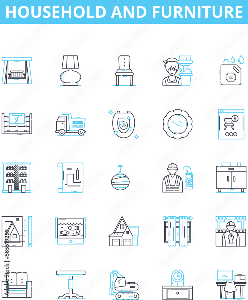 Household and furniture vector line icons set. Furniture, Sofa, Chair, Table, Couch, Shelves, Beds illustration outline concept symbols and signs