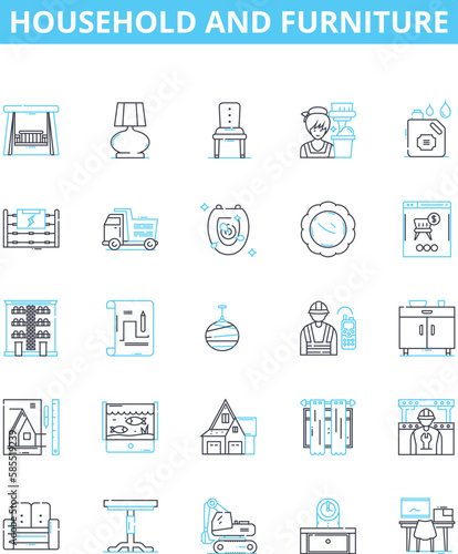 Household and furniture vector line icons set. Furniture, Sofa, Chair, Table, Couch, Shelves, Beds illustration outline concept symbols and signs