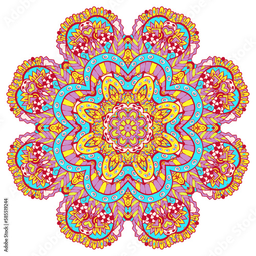 Mandala. Tracery wheel image. Mehndi design. Ethnic doodle art. Curved doodling picture. Vector