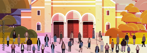 multiethnic people group standing near church building mix race men women crowd walking outdoor religion culture