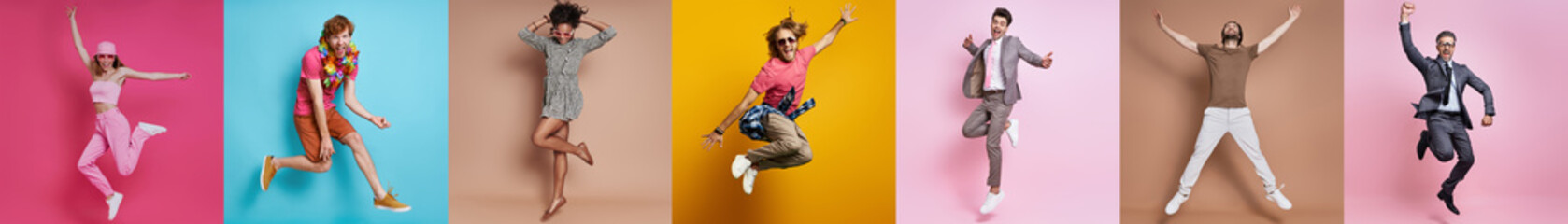 Collage of excited young people jumping against colorful backgrounds