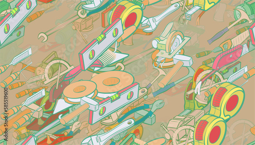 Background pattern abstract design texture. Seamless. Building tools and Repair. Theme is about nuts, folding, vice, wedge, building level, steel, hand tool, circular saw, forceful effect