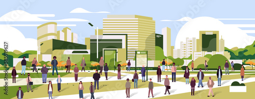 multiethnic people group walking outdoor mix race men women crowd spending time in urban park cityscape background