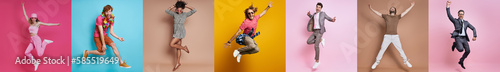 Collage of excited young people jumping against colorful backgrounds