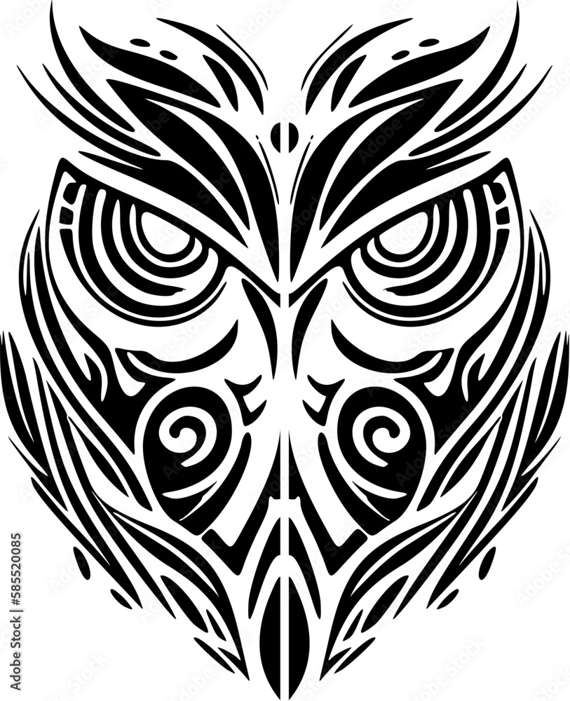 ﻿A black and white owl tattoo with Polynesian designs.