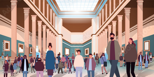 multiethnic people group mix race men women crowd in modern art gallery or museum horizontal