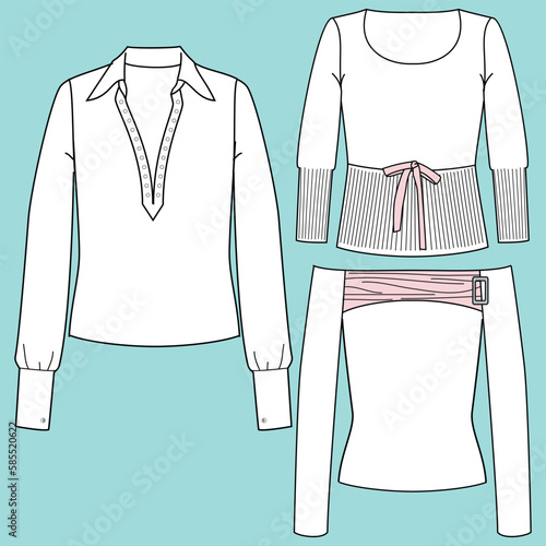 Vector CAD crop top fashion, women's short sleeve t-shirt technical shirt, slim fit with open back blouse template, sketch, flat. Jersey fabric upper with front, rear view, white
