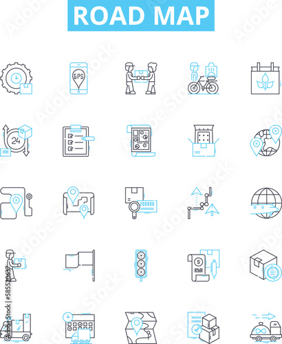 Road map vector line icons set. Route, Map, Path, Trace, Guide, Trajectory, Journey illustration outline concept symbols and signs
