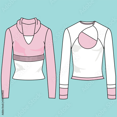 Vector CAD crop top fashion, women's short sleeve t-shirt technical shirt, slim fit with open back blouse template, sketch, flat. Jersey fabric upper with front, rear view, white