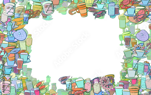 Background pattern abstract design texture. Drinks and Seafood. Border frame, transparent background. Theme is about ice cream, shell, tentacle, tea, kvass, wine, crab, octopus, nautical