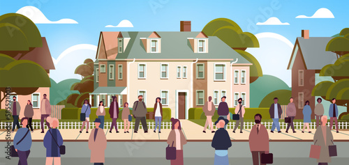 multiethnic people group walking outdoor mix race men women citizens crowd going along city street cityscape background