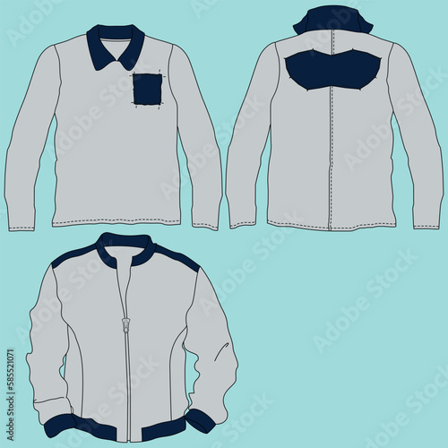 Technical fashion illustration Unisex Hoodie. Set of Hoodie Sweatshirt planetary technical drawing fashion, pocket, zipper, front and back view, white, women, men CAD makeup.