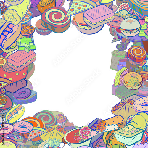 Background pattern abstract design texture. Snacks and American food. Border frame, transparent background. Theme is about donut, stuffed cabbage, soup, rice, cream, topping, wrapped up