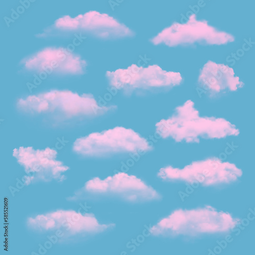 Pink clouds. Realistic weather bright fairy tale cloudy season abstract colored clouds decent vector template
