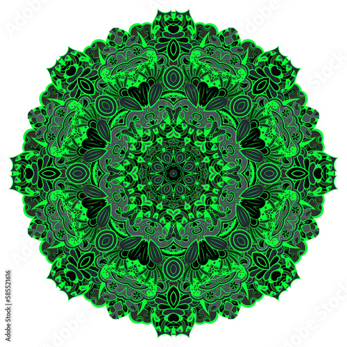 Mandala. Tracery wheel image. Mehndi design. Dark toxic colors. Ethnic doodle art. Curved doodling picture. Vector photo