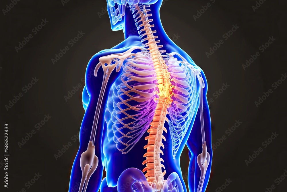 Disease in ridge and shoulder blades of human skeleton spine pain