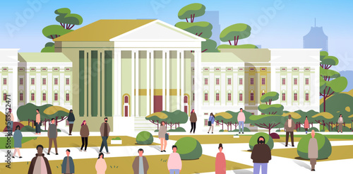 multiethnic people group standing near governmental building mix race men women crowd walking outdoor horizontal