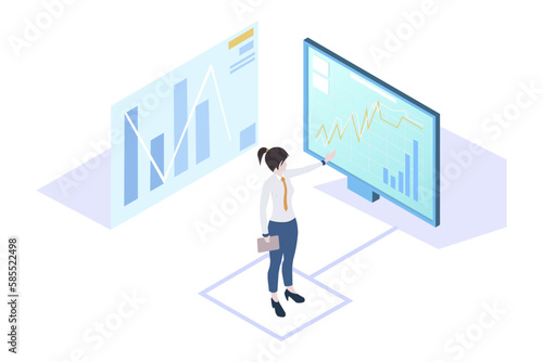 Woman finance analyst analyzing the financial results of the business. Market indicators in the chart, bar and graph are displayed on the dashboard. Infographic of success income. Vector illustration