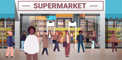 multiethnic people group mix race men women customers crowd near modern supermarket horizontal
