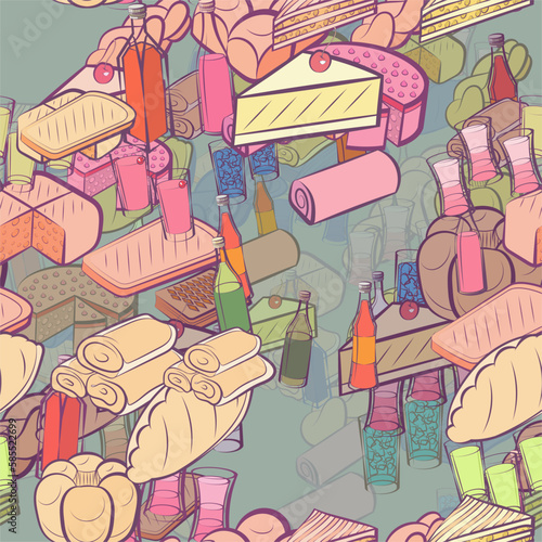 Background pattern abstract design texture. Seamless. Bakery products and Alcohol. Theme is about , bread, braid, gin, vodka, round, tart, cut, a sandwich, for the holiday, fried, divided