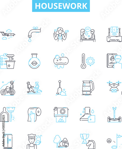 Housework vector line icons set. Cleaning, Dusting, Laundering, Vacuuming, Mopping, Ironing, Dishes illustration outline concept symbols and signs