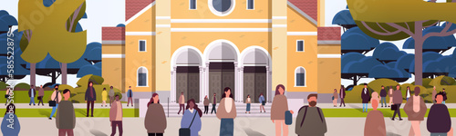 multiethnic people group standing near church building mix race men women crowd walking outdoor religion culture