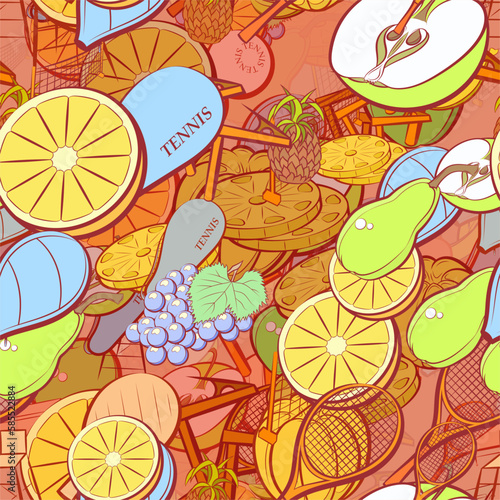 Background pattern abstract design texture. Seamless. Tennis and Fruits. Theme is about netting, incision, mandarin, cut, tennis balls, table, bunch, fetus, pieces, net, sports judge, observer