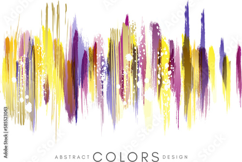 Colorful hand drawn decorative element from brush strocks. Abstract creative design from purple, violet, yellow and golden paint lines.