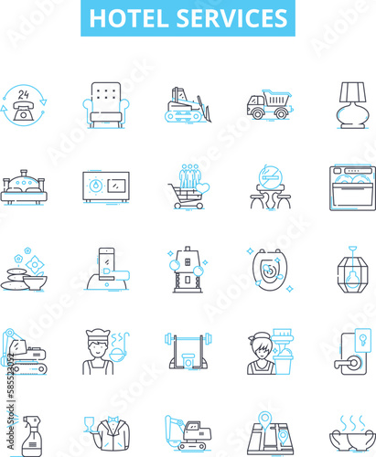 Hotel services vector line icons set. Accommodation, Amenities, Restaurants, Catering, Spa, Pool, Swimming illustration outline concept symbols and signs