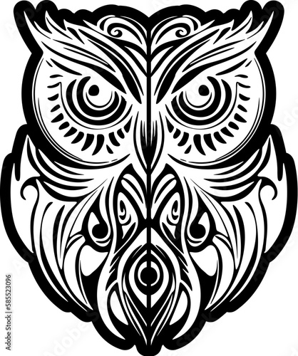 ﻿:Owl tattoo in black & white with Polynesian motifs.