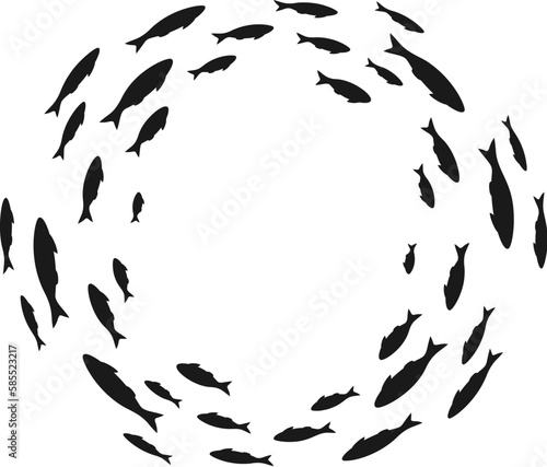 Colony of swiming sea or aquarium fishes. Group of silhouttes .