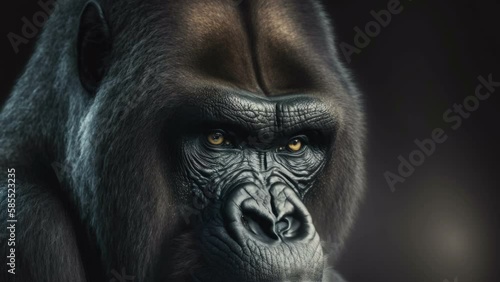 The mad face of the black gorilla staring far away on a dark night AI generated