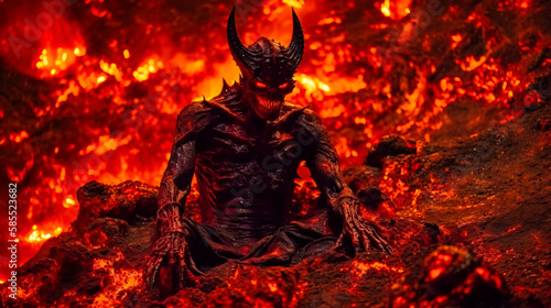 Devil smiling in hell lake of fire, demon setting in hot lava. AI generated image.