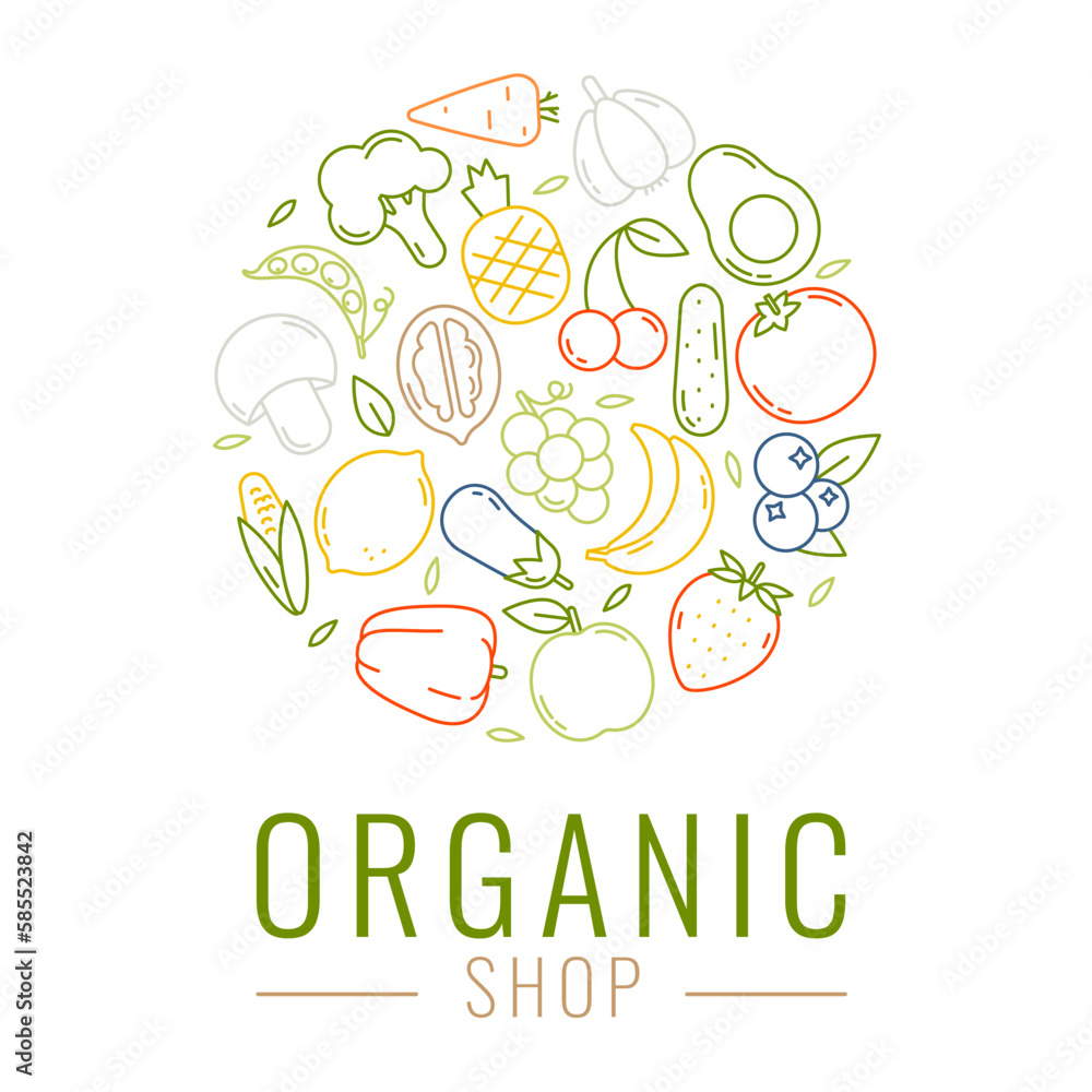 Vector logo design template with fruit and vegetable icons in trendy linear style for eco food store, health food shop or vegetarian cafe