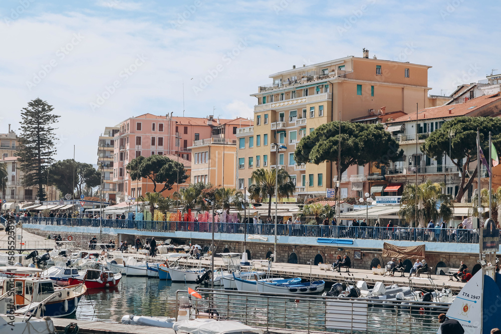 Sanremo, Italy - 25.03.2023: Port and colored facades of the coastal town of Sanremo