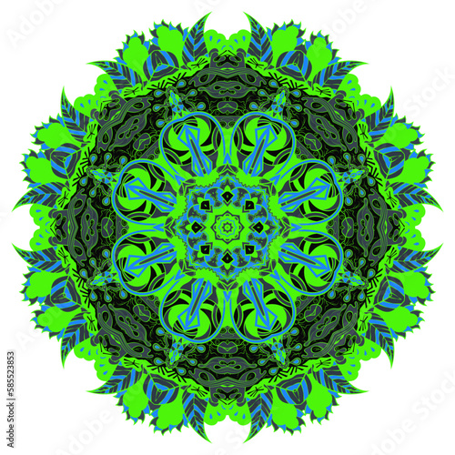 Mandala. Tracery wheel image. Mehndi design. Dark toxic colors. Ethnic doodle art. Curved doodling picture. Vector