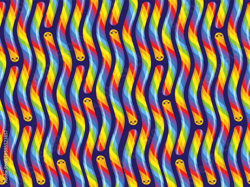 Cute jelly worms on a black background seamless pattern. Vector image of rainbow sweets. Repeated pattern design. 