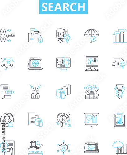 Search vector line icons set. Search, Find, Seek, Retrieve, Explore, Locate, Inquire illustration outline concept symbols and signs