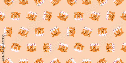 Cute heart-shaped pretzel seamless pattern. Vector cartoon design on white background. Sweet sugar dessert to show love. Background for Valentine day. 