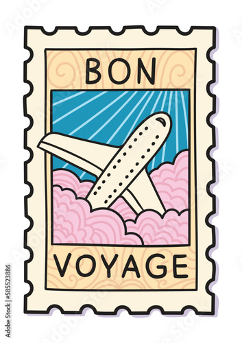Cute postage stamp with an airplane flying through the pink clouds. Vector cartoon illustration. 