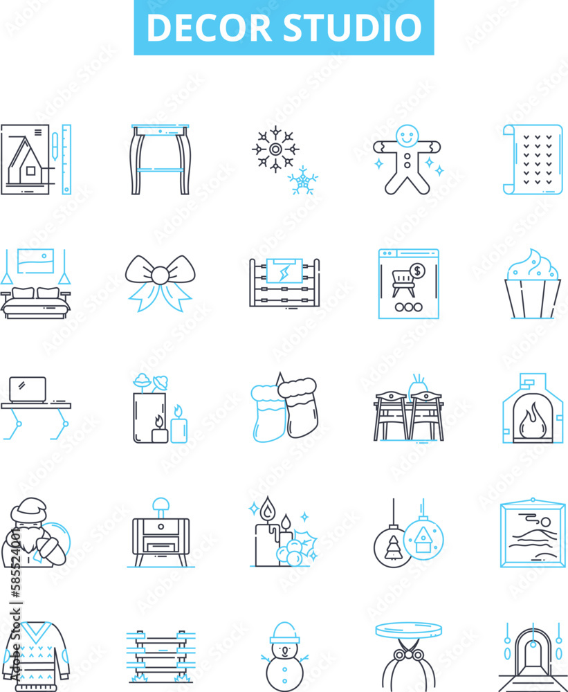 Decor studio vector line icons set. Decor, Studio, Interior, Design, Furnishings, Home, Accessories illustration outline concept symbols and signs Decor studio vector line icons set. Decor, Studio, Interior, Design, Furnishings, Home, Accessories illustration outline concept symbols and signs