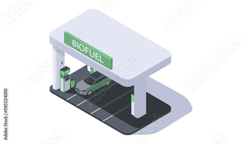 Biofuel gas station for electric car in isometric 3d view. Eco energy concept for city transport. Safe environment with clear bioenergy for vehicles. Vector illustration isolated on white background