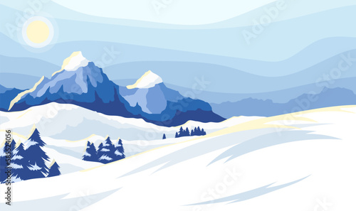 Winter mountain landscape with snowy peaks and steep slopes along the edges. Empty ski resort with wide track slope. Sun rays reflecting from the snow. Frost panoramic background. Vector illustration 