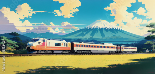 Small Passenger Train on Tracks in Japan With Mountain Backdrop Generative AI Art Illustration