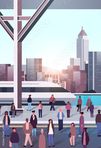 multiethnic people group standing on railway station mix race men women waiting train on platform public transport concept