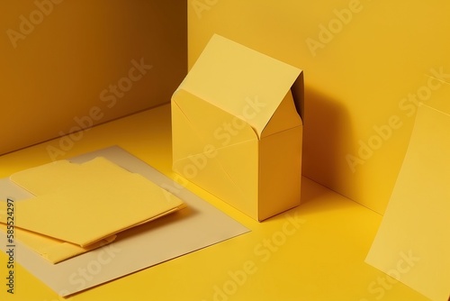  a yellow box and some papers on a yellow table with a yellow wall in the background and a white box on the floor next to it.  generative ai
