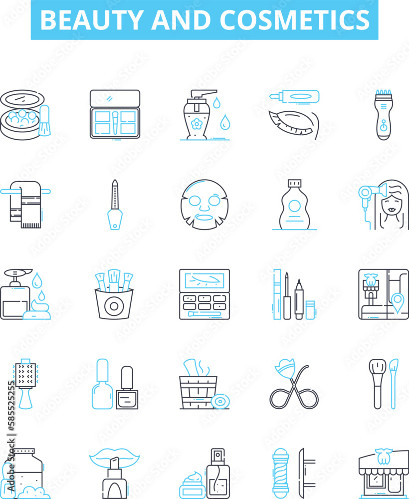 Beauty and cosmetics vector line icons set. Cosmetics, Beauty, Skincare, Makeup, Perfume, Fragrance, Hair illustration outline concept symbols and signs Beauty and cosmetics vector line icons set. Cosmetics, Beauty, Skincare, Makeup, Perfume, Fragrance, Hair illustration outline concept symbols and signs