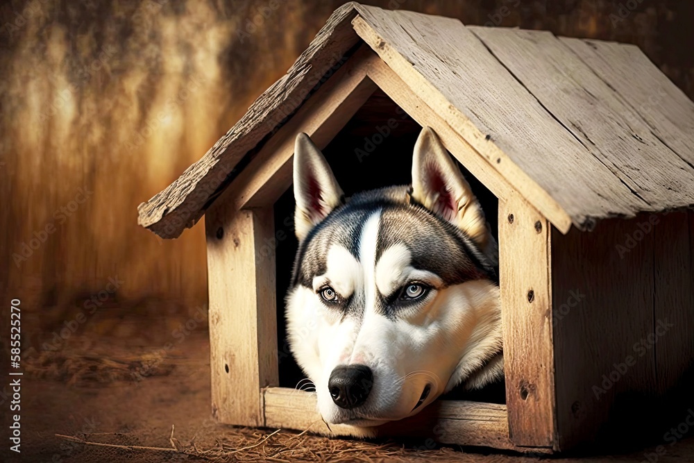 Εκτύπωση καμβά Purebred Siberian husky dog lying in wooden doghouse, created with generative ai