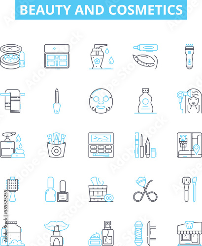 Beauty and cosmetics vector line icons set. Cosmetics, Beauty, Skincare, Makeup, Perfume, Fragrance, Hair illustration outline concept symbols and signs